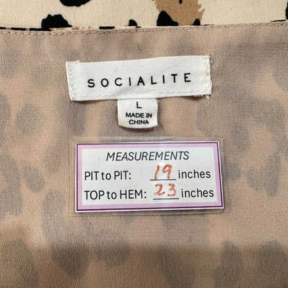 Socialite Tank Cami Sz L Beige V Neck Animal Print Lace Trim Spaghetti Straps