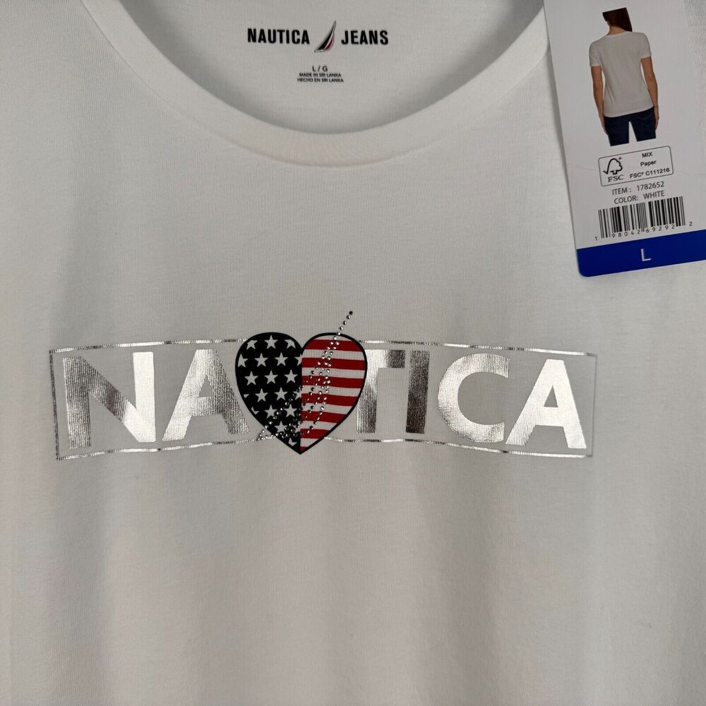 Nautica Jeans Ladies Top Sz L White Short Sleeve Sparkling embellishment