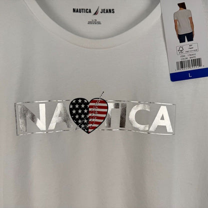 Nautica Jeans Ladies Top Sz L White Short Sleeve Sparkling embellishment