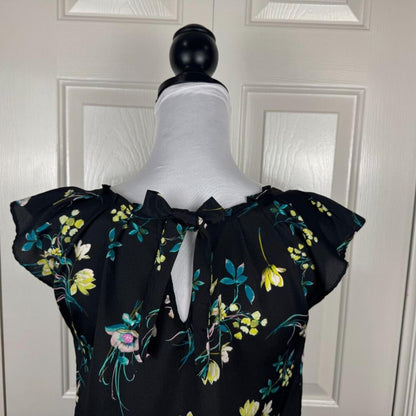 LC Lauren Conrad Blouse Sz XS Black Floral Round Pleated Neck Cap Sleeve