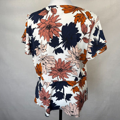 Liz Claiborne Top Sz M Short Flare Sleeve Multicolor Floral Peplum Button Up