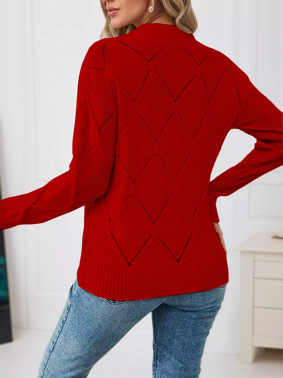 Simply Love Women's Diamond Eyelet Long Sleeve Knit Sweater
