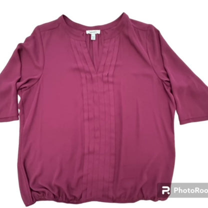 Dressbarn Burgundy Pleated Blouse Sz 2X V-Notched Neckline 3/4 sleeve