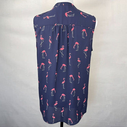 Charter Club Top Sz M Blue Pink Print Split Neck Pleated Button Up Sleeveless