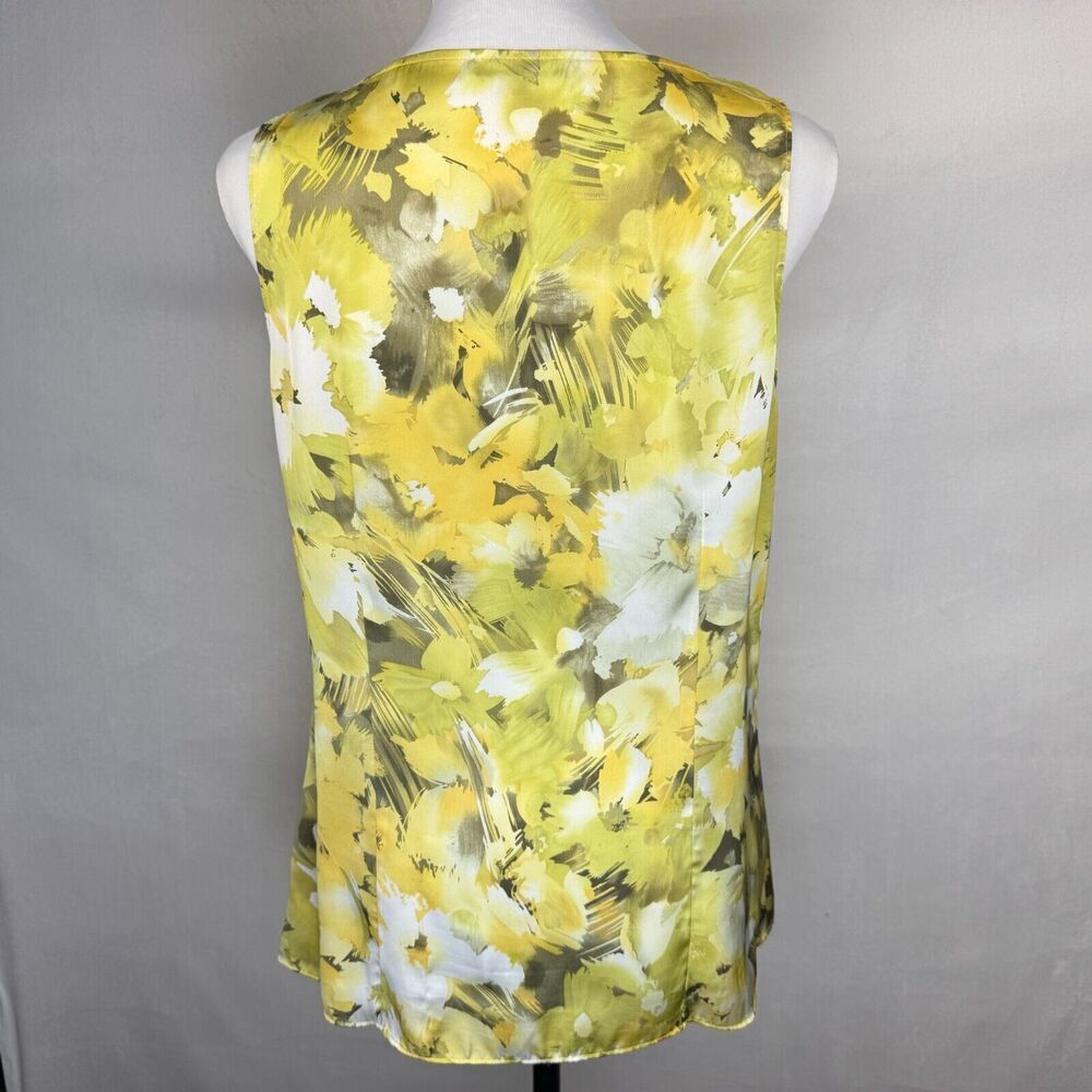 Anne Klein Blouse Sz M Yellow Ruffle VNeck Collar Sleeveless  Button Up Colorful