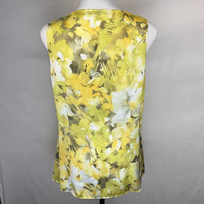 Anne Klein Blouse Sz M Yellow Ruffle VNeck Collar Sleeveless  Button Up Colorful