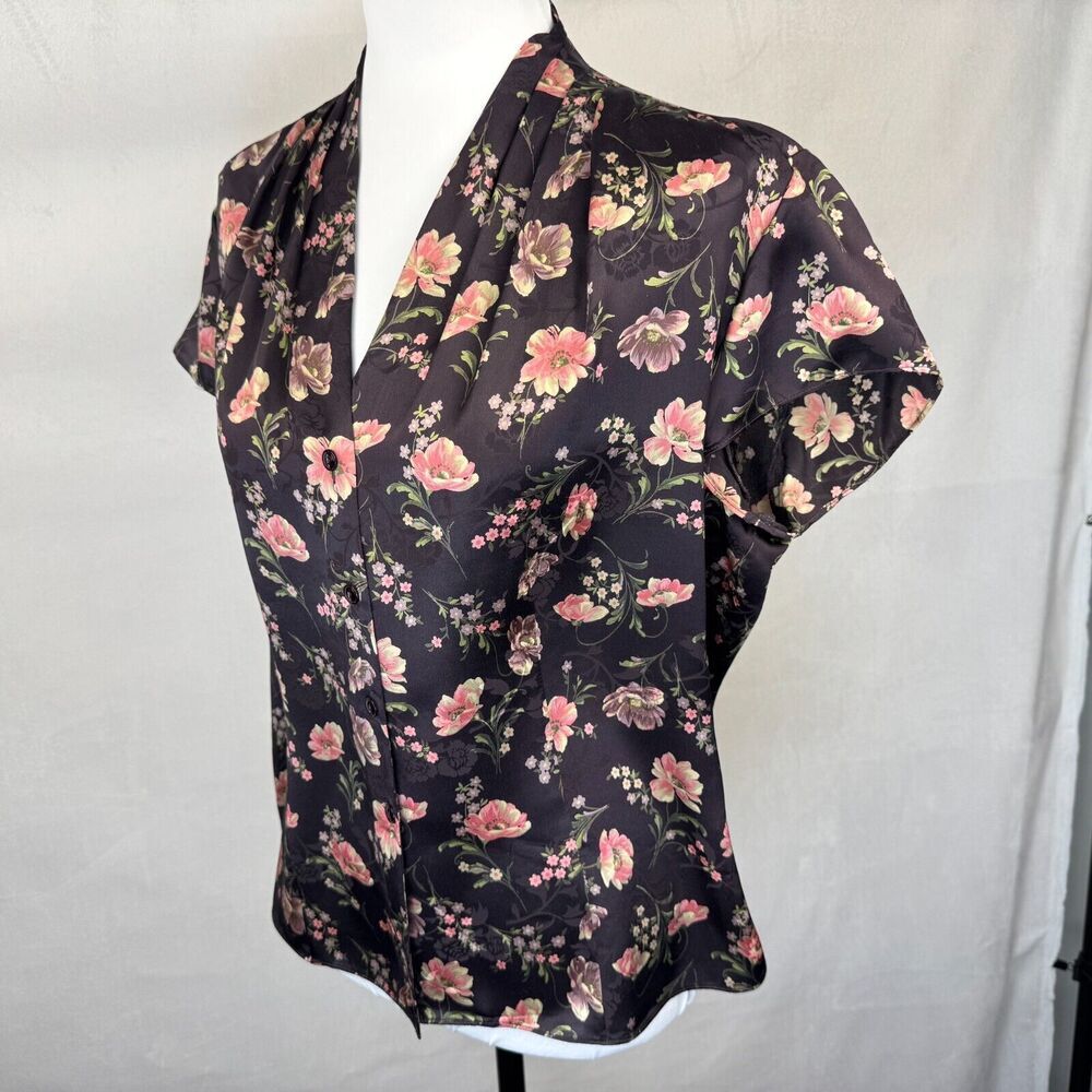 Jones New York Sz 14 Silk Top Brown Floral VNeck Pleated Button Up Cap Sleeve