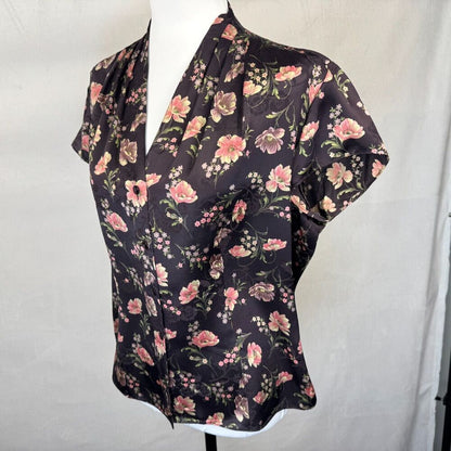 Jones New York Sz 14 Silk Top Brown Floral VNeck Pleated Button Up Cap Sleeve