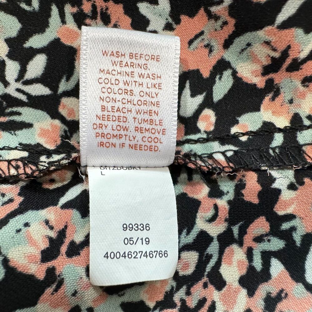 LC Lauren Conrad Top Women Sz L Black Multi Floral Pleated Round Neck Tie Back