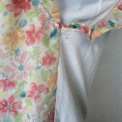 LC Lauren Conrad Top Sz XS Sheer Ivory Floral Ruffled Crew Neck Front Keyhole
