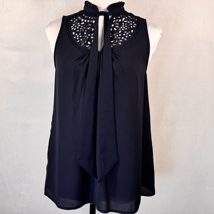 Maeve Blouse Sz 2 Navy Laser Cut Tie Neck Sleeveless