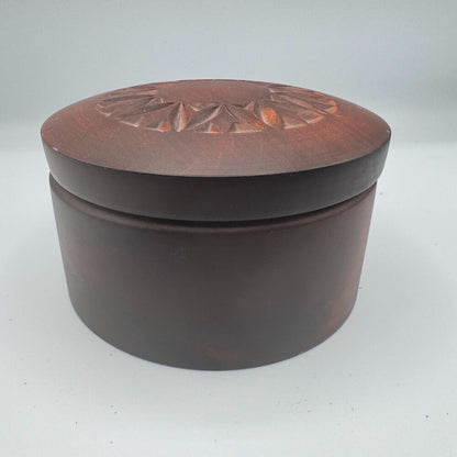 Carved Wood Trinket Lid Jewelry Box Brown 4.5" Diameter Made in Poland