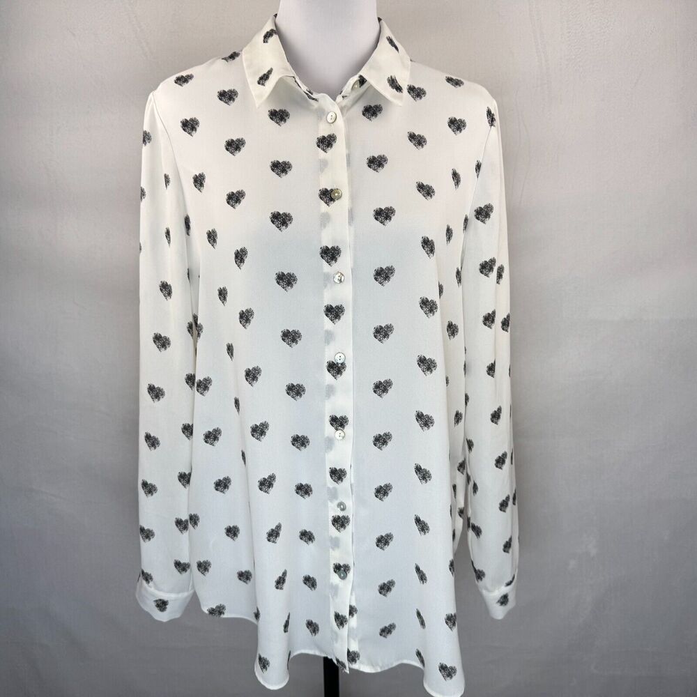 Rose & Olive Blouse Sz L White Black Hearts Button Down Cuffed Long Sleeves