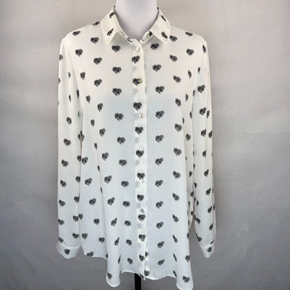 Rose & Olive Blouse Sz L White Black Hearts Button Down Cuffed Long Sleeves