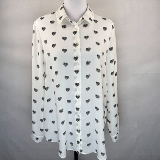 Rose & Olive Blouse Sz L White Black Hearts Button Down Cuffed Long Sleeves