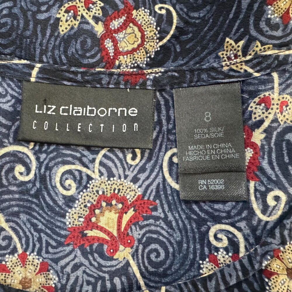 Liz Claiborne Women Sz 8 Silk Scoop Neck Black Blue Floral Print Short Sleeve