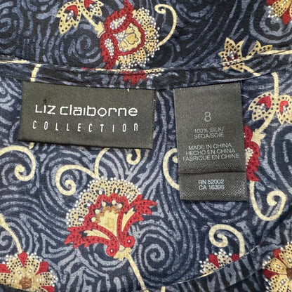 Liz Claiborne Women Sz 8 Silk Scoop Neck Black Blue Floral Print Short Sleeve