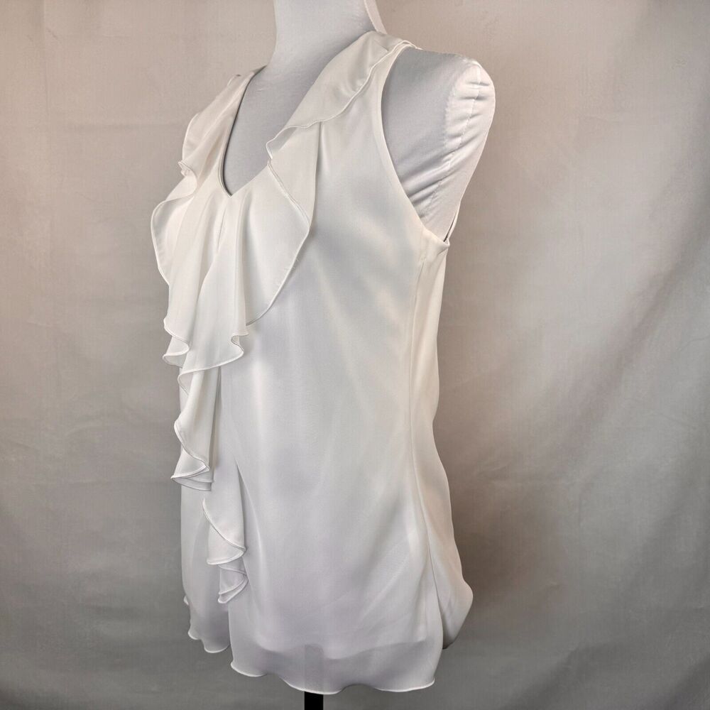 BCX Ladies Blouse Sz M White VNeck Ruffles Sleeveless Black Lace Back