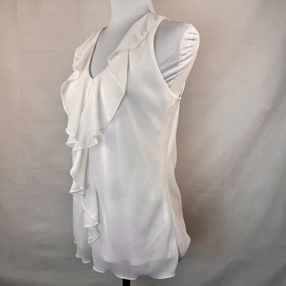 BCX Ladies Blouse Sz M White VNeck Ruffles Sleeveless Black Lace Back