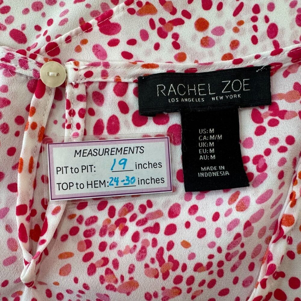 Rachel Zoe Women Sz M Top Round Neck White Red Orange Dots Abstract Sleeveless