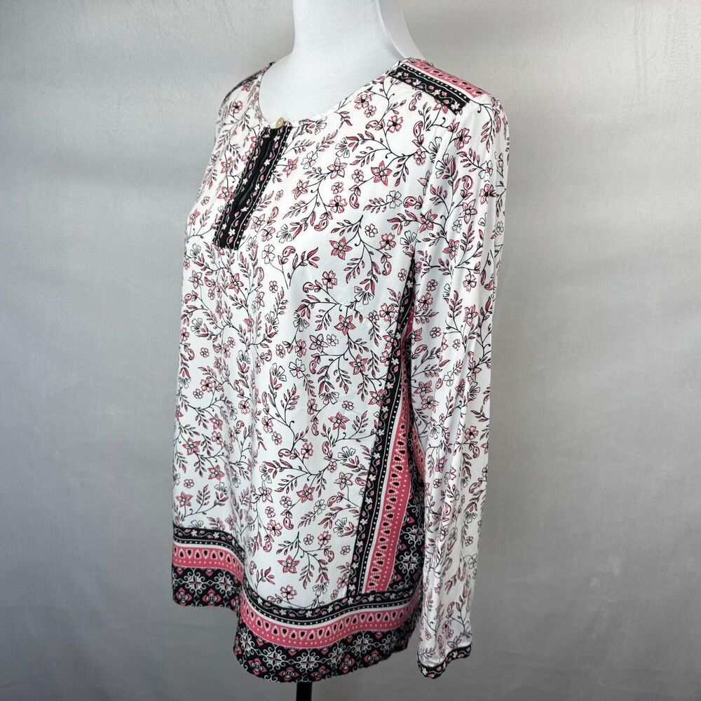 J. Jill Women Sz M Tunic White Floral Print Border Split Neck Long Sleeve