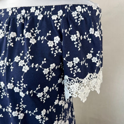 Roommates Sz S Navy Off The Shoulder Cropped Embroidered Short Sleeve Lace Trim
