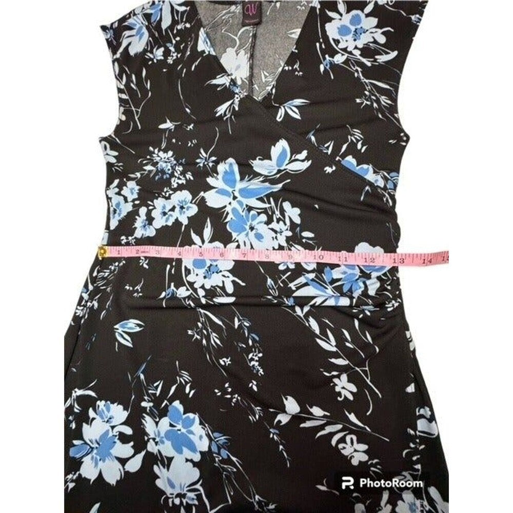 W Wrapper Black Blue Floral Faux Wrap Dress V-Neck Ruched Open Wrap Skirt