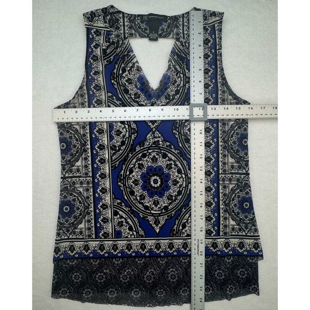 INC Women Top Sz S Blue Black VNeck Sheer Mesh Cutout Tank Top Layered Sleeveles