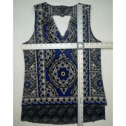 INC Women Top Sz S Blue Black VNeck Sheer Mesh Cutout Tank Top Layered Sleeveles