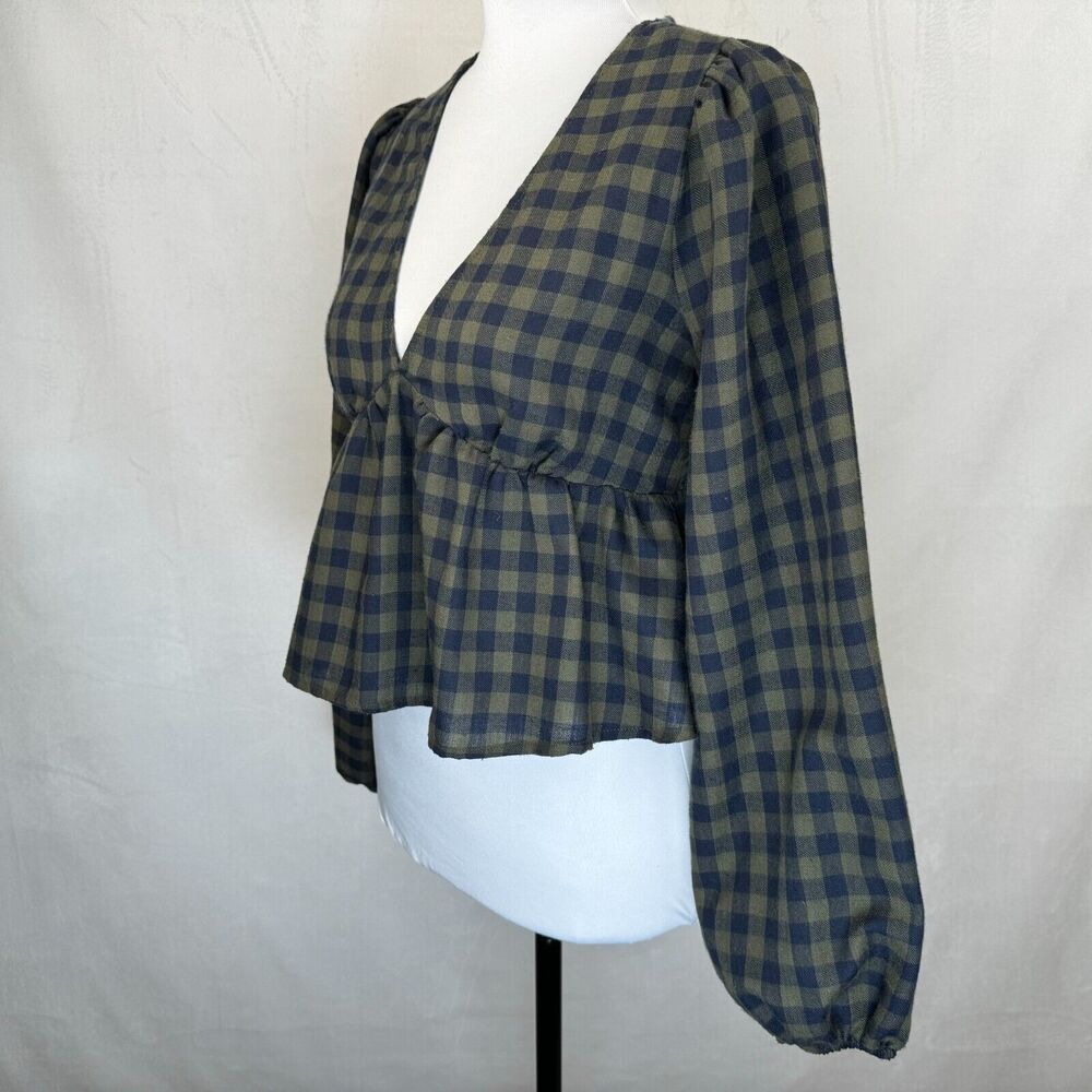 Forever 21 Woven Crop Peplum Blouse SZ S Green Blue V Neck Balloon Long Sleeve
