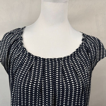 LC Lauren Conrad Blouse Sz S Navy with White Hearts Pleated Neckline Cap Sleeve