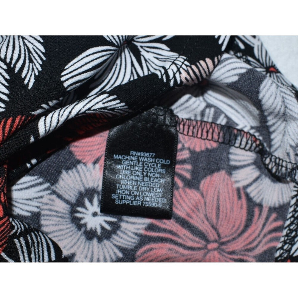 Liz Claiborne Career Blouse Sz S Black Floral Rust White Print front keyhole