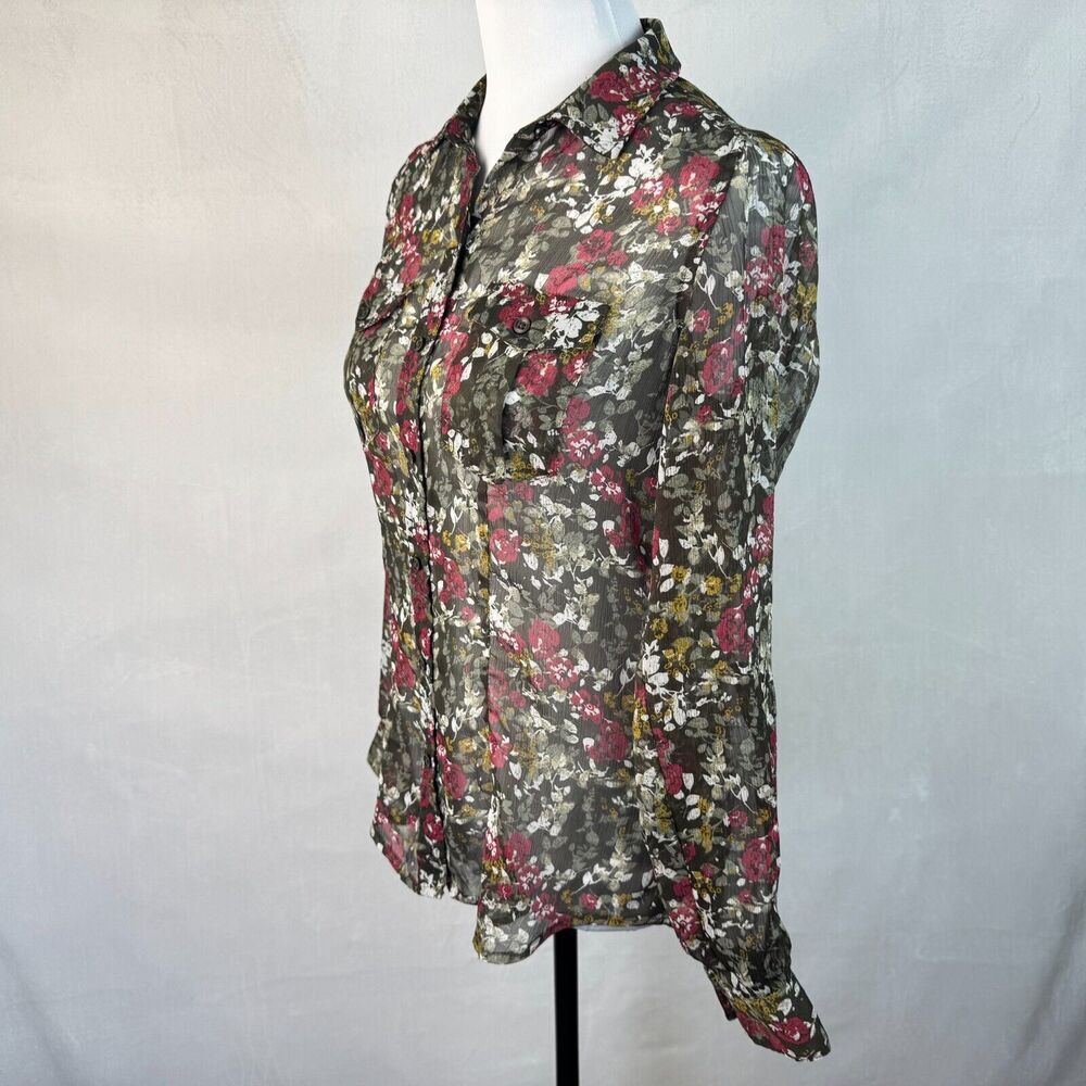 Eddie Bauer Women Sz XS Sheer Green Floral Blouse Roll Up Sleeves Button Down