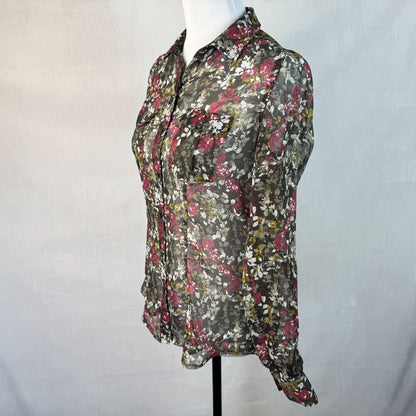 Eddie Bauer Women Sz XS Sheer Green Floral Blouse Roll Up Sleeves Button Down
