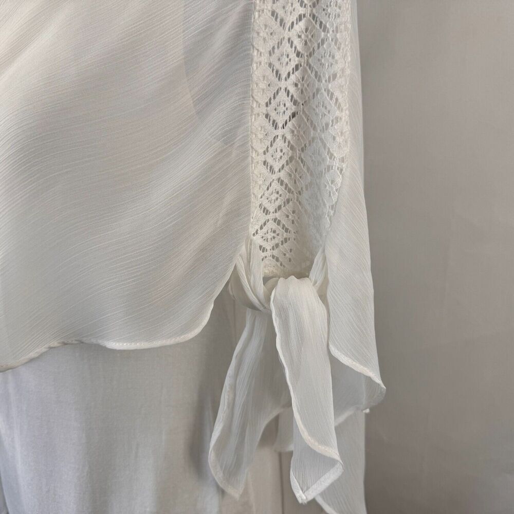 Alyx Ladies Sz S Overlay Sheer Blouse Paper White Batwing Lace Detail Tie Sleeve
