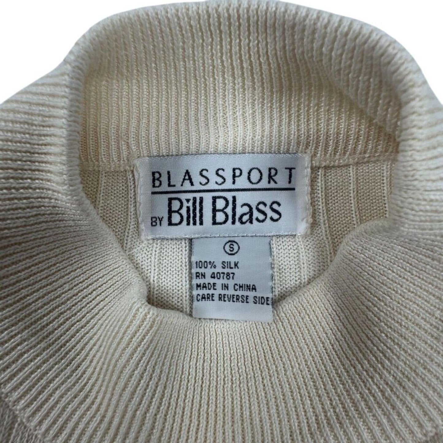 Bill Blass Blassport Women's Sweater Sz S Ivory High Neck 100% Silk Rib Knit
