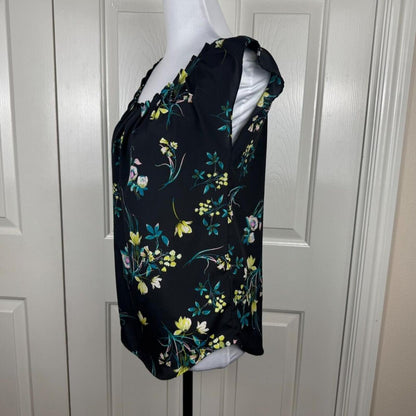 LC Lauren Conrad Blouse Sz XS Black Floral Round Pleated Neck Cap Sleeve
