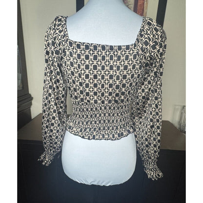 Almost Famous Crop Top Sz XS Satin Black Taupe Sweetheart Neck Long Sleeve