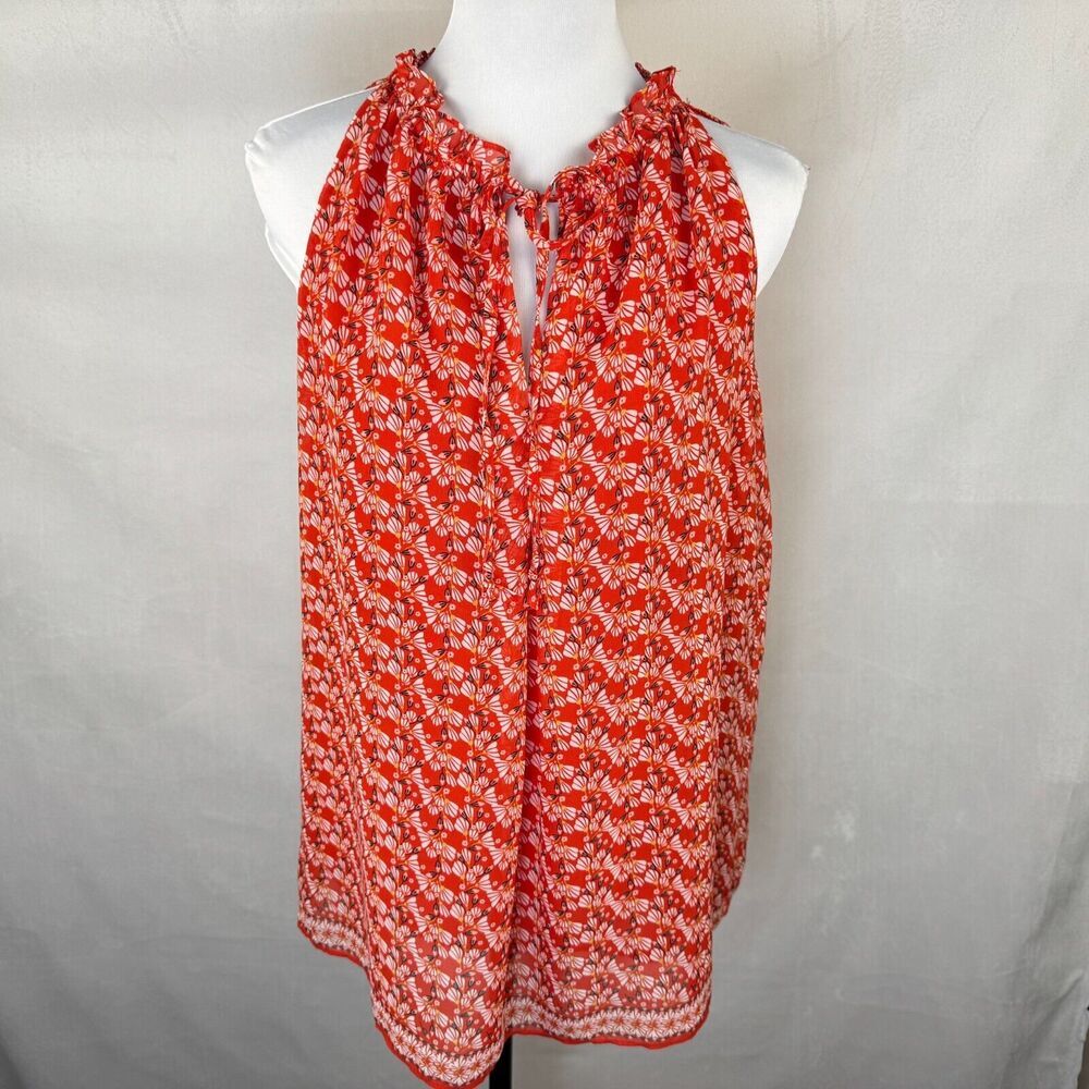 Max Studio Blouse Sz M Red Floral Ruffle Neck Drawstring Tie Lined Sleeveless