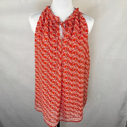 Max Studio Blouse Sz M Red Floral Ruffle Neck Drawstring Tie Lined Sleeveless