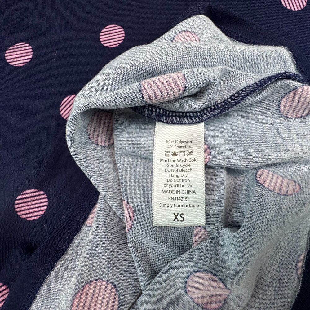 LuLaRoe Top Sz XS Knit Blue Pink Dots Boat Neck Fitted Elbow Sleeve