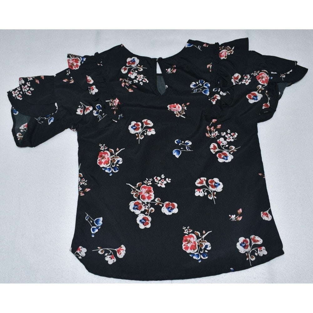 Uopnetic Blouse Black with flowers - Short Sleeve Ruffled - Crew Neck - Size M