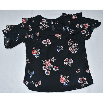 Uopnetic Blouse Black with flowers - Short Sleeve Ruffled - Crew Neck - Size M