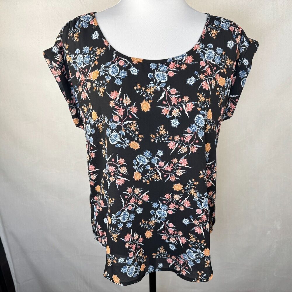 Pink Rose Women Blouse Sz M Sheer Black Floral Print Cap Sleeve Lightweight