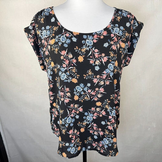 Pink Rose Women Blouse Sz M Sheer Black Floral Print Cap Sleeve Lightweight