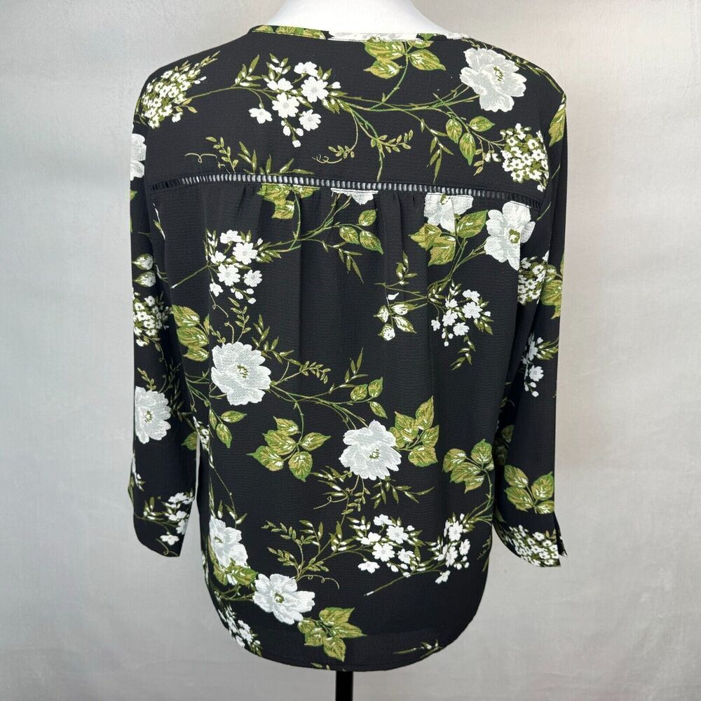Fever Blouse Sz S Black Green White Floral Print VNeck Ladder Trim 3/4 Sleeves