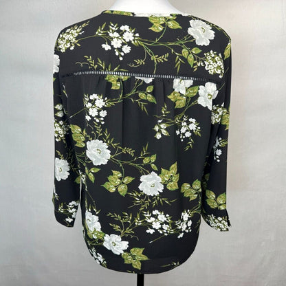 Fever Blouse Sz S Black Green White Floral Print VNeck Ladder Trim 3/4 Sleeves