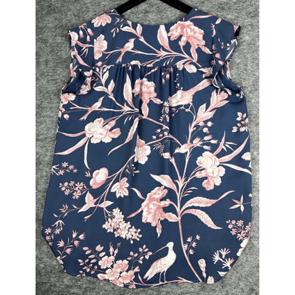 Loft Women Blue Top with Floral Pink Print Flutter Sleeve Size Small