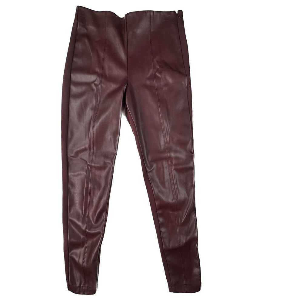 A pair of dark burgundy faux leather pants with a glossy finish, shown flat against a plain white background.