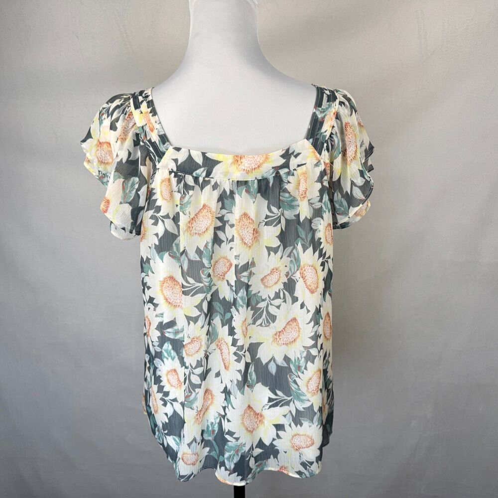 LC Lauren Conrad Women Sz S Sheer Square Ruffle Neck Pleated Sunflower Print